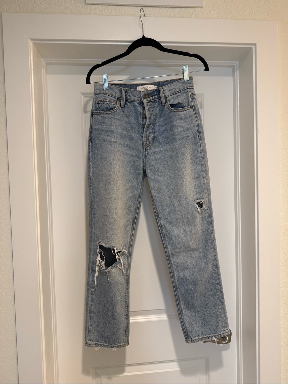 Hidden: High-Rise Light Wash Straight Leg Jeans with Rips